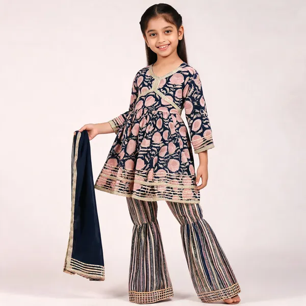 Navy_Floral_Print_Sharara_Set_For_Girls