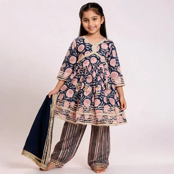 Navy_Floral_Print_Sharara_Set_For_Girls