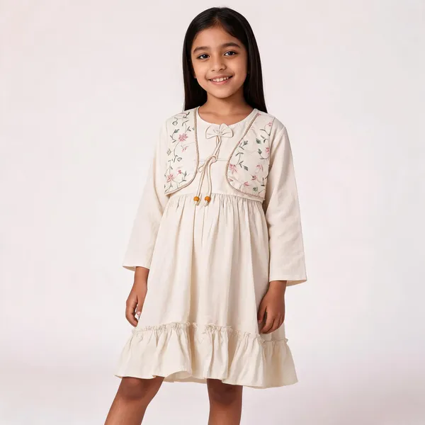 Cream_Floral_Embroidered_Ethnic_Dress_For_Girls
