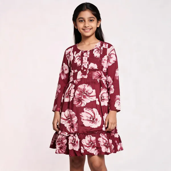 Maroon_Floral_Print_Long_Sleeve_Fit_And_Flare_Dress_For_Girls