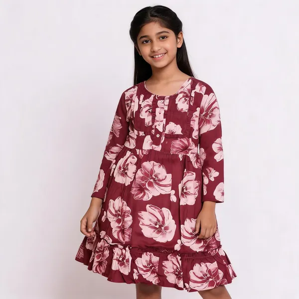 Maroon_Floral_Print_Long_Sleeve_Fit_And_Flare_Dress_For_Girls
