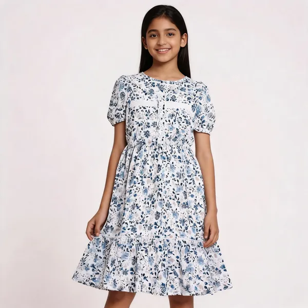 White_Floral_Print_Fit_And_Flare_Dress_For_Girls