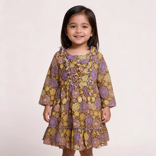 Brown_Floral_Print_Long_Sleeve_Baby_Dress_For_Girls
