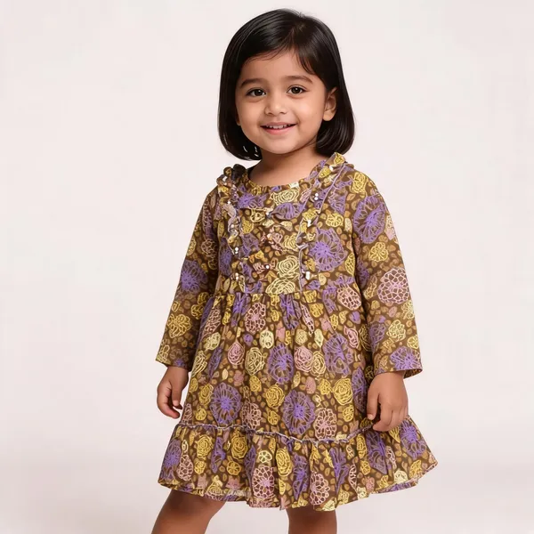 Brown_Floral_Print_Long_Sleeve_Baby_Dress_For_Girls