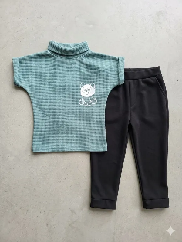 Teal_And_Black_Cotton_Ribbed_Panda_Print_Top_And_Trouser_Set_For_Girls