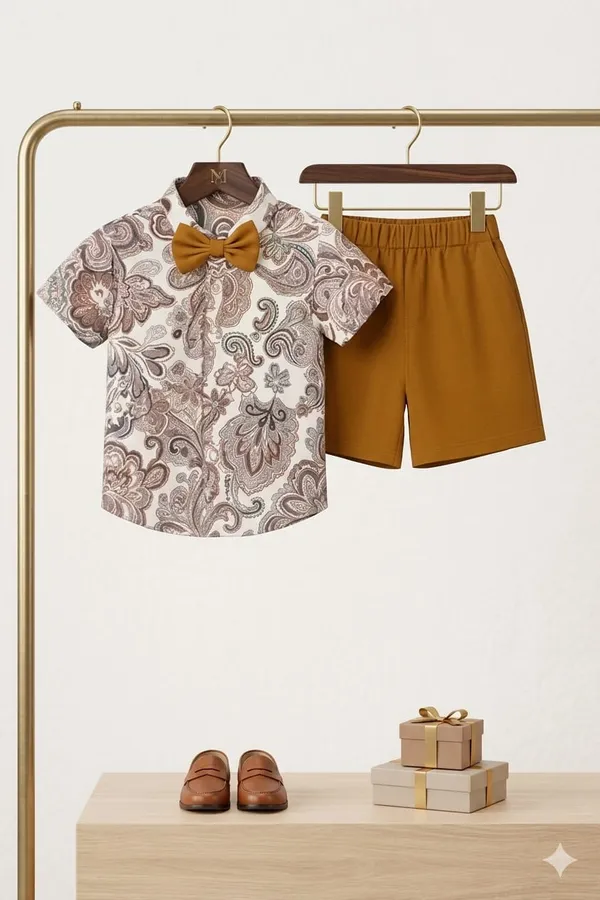 Cream_And_Brown_Cotton_Paisley_Print_Shirt_And_Shorts_Set_For_Boys