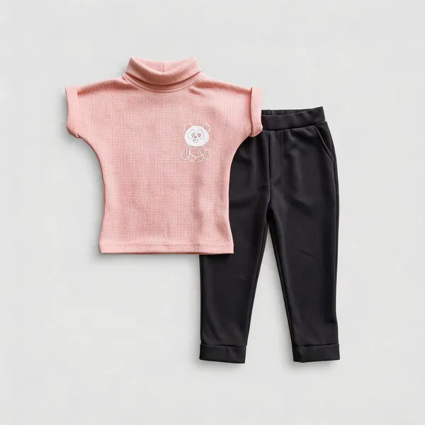 Pink_And_Black_Cotton_Ribbed_Turtleneck_Top_And_Pants_Set_For_Girls