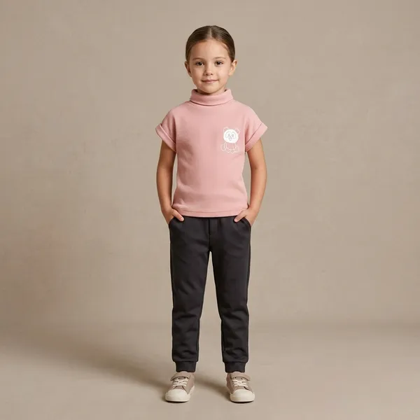 Pink_And_Black_Cotton_Ribbed_Turtleneck_Top_And_Pants_Set_For_Girls
