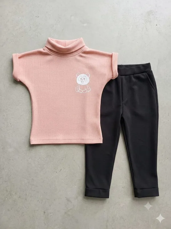 Pink_And_Black_Cotton_Ribbed_Turtleneck_Top_And_Pants_Set_For_Girls