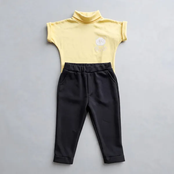 Yellow_And_Black_Cotton_High_Neck_Top_And_Pants_Set_For_Girls