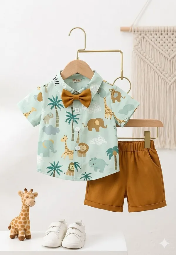 Green_And_Brown_Cotton_Safari_Print_Shirt_And_Shorts_Set_For_Boys