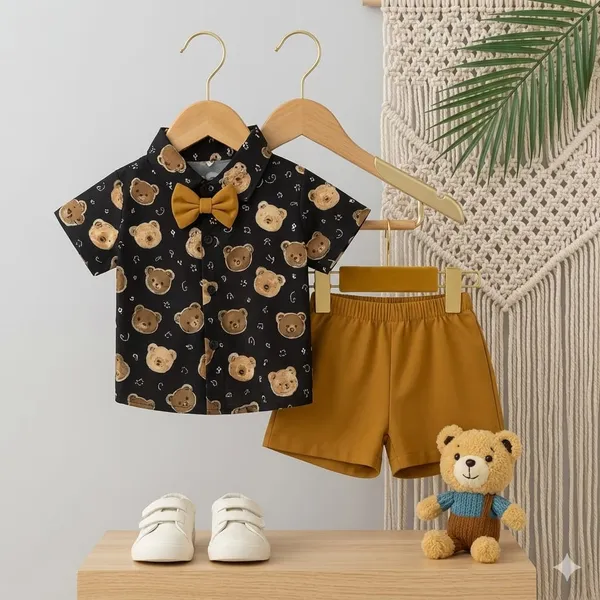 Black_And_Brown_Cotton_Teddy_Bear_Print_Shirt_And_Shorts_Set_For_Boys