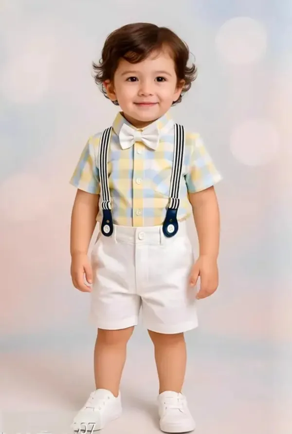 Yellow_And_White_Cotton_Checkered_Shirt_Shorts_Suspender_Set_For_Boys