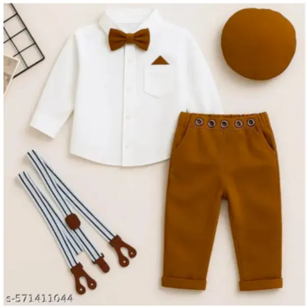 White_And_Brown_Cotton_Shirt_Trouser_Bow_Tie_Cap_Formal_Set_For_Boys