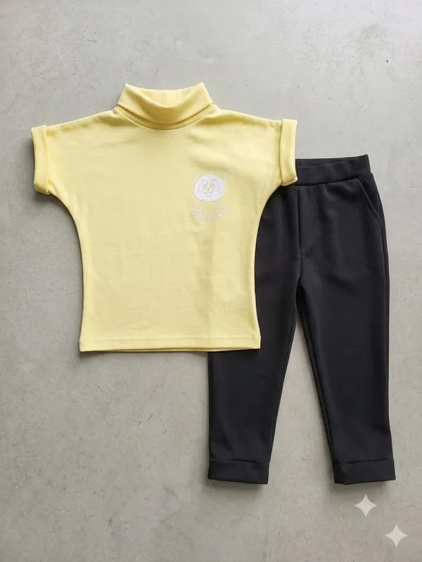 Yellow_And_Black_Cotton_High_Neck_Top_And_Pants_Set_For_Girls