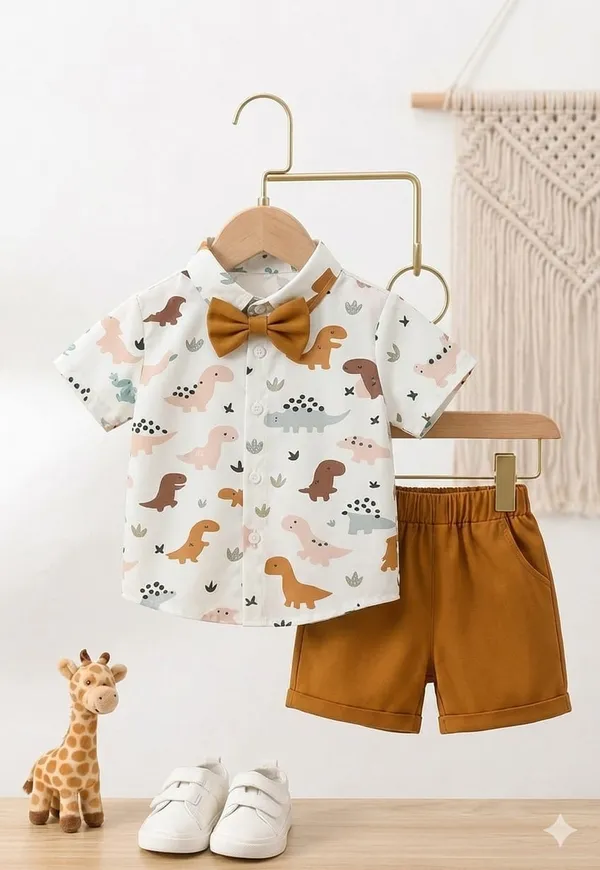 White_And_Brown_Cotton_Dinosaur_Print_Top_And_Shorts_Set_For_Boys