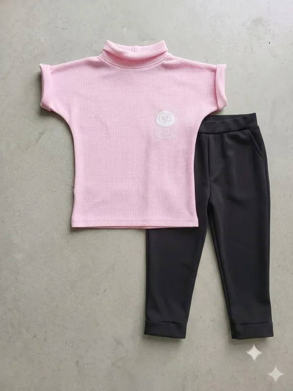 Pink_And_Black_Cotton_Ribbed_Mock_Neck_Top_And_Pants_Set_For_Girls