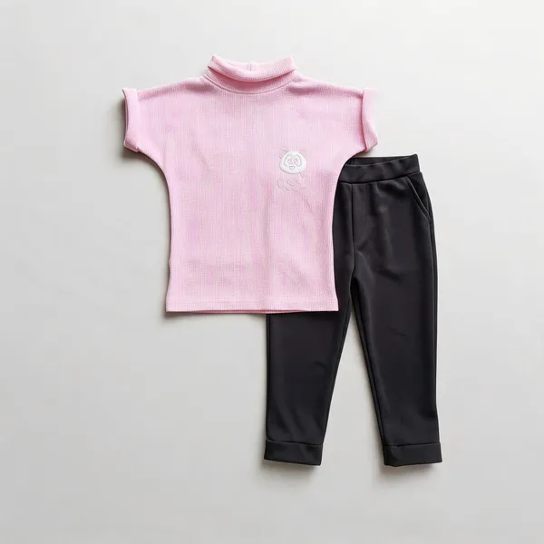 Pink_And_Black_Cotton_Ribbed_Mock_Neck_Top_And_Pants_Set_For_Girls