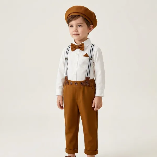 White_And_Brown_Cotton_Shirt_Trouser_Bow_Tie_Cap_Formal_Set_For_Boys