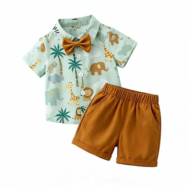 Green_And_Brown_Cotton_Safari_Print_Shirt_And_Shorts_Set_For_Boys