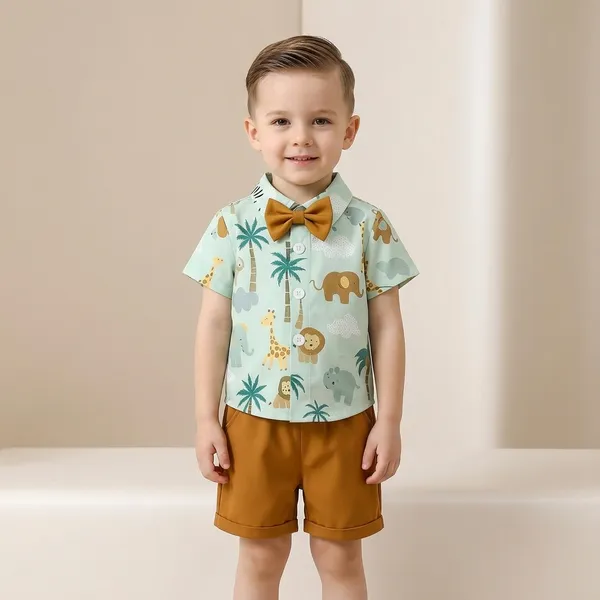 Green_And_Brown_Cotton_Safari_Print_Shirt_And_Shorts_Set_For_Boys