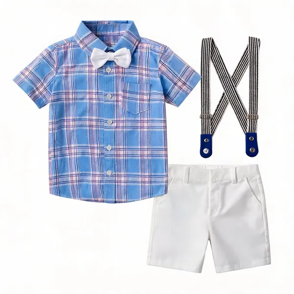 Purple_And_White_Cotton_Plaid_Shirt_Shorts_Suspender_Set_For_Boys