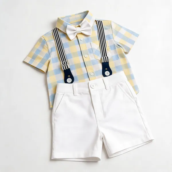 Yellow_And_White_Cotton_Checkered_Shirt_Shorts_Suspender_Set_For_Boys