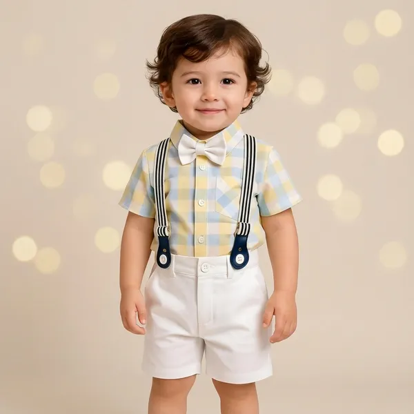 Yellow_And_White_Cotton_Checkered_Shirt_Shorts_Suspender_Set_For_Boys