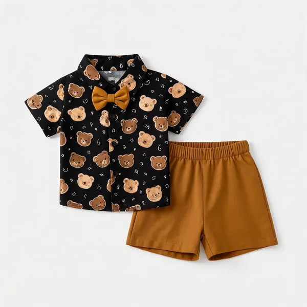 Black_And_Brown_Cotton_Teddy_Bear_Print_Shirt_And_Shorts_Set_For_Boys