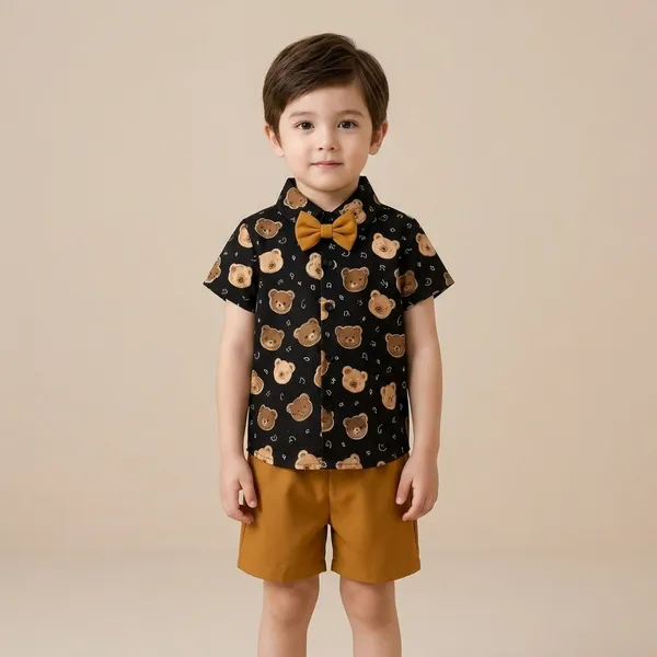 Black_And_Brown_Cotton_Teddy_Bear_Print_Shirt_And_Shorts_Set_For_Boys