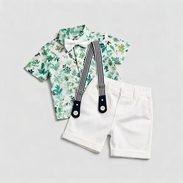 Green_And_White_Cotton_Floral_Print_Shirt_Shorts_Suspender_Set_For_Boys