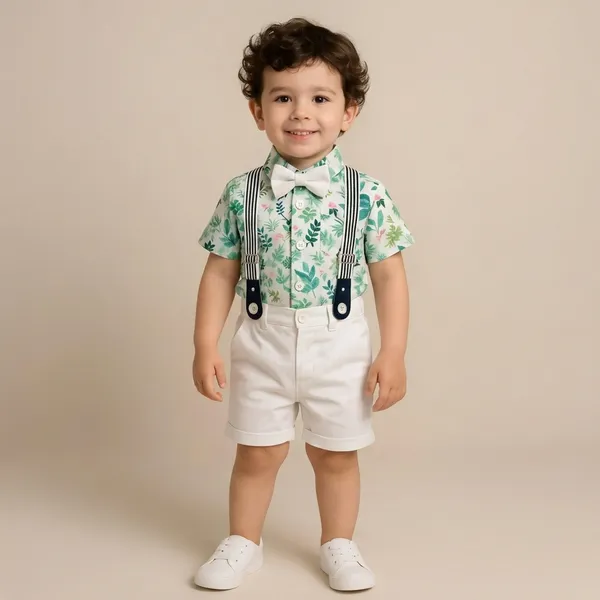 Green_And_White_Cotton_Floral_Print_Shirt_Shorts_Suspender_Set_For_Boys