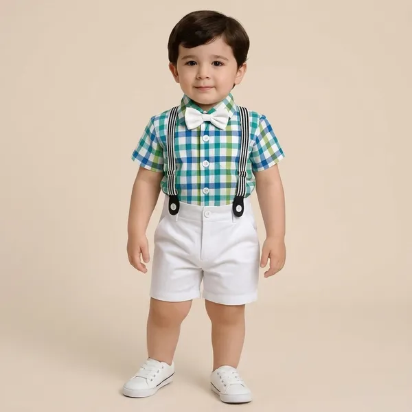 Green_And_White_Cotton_Checked_Shirt_Shorts_Suspender_Set_For_Boys