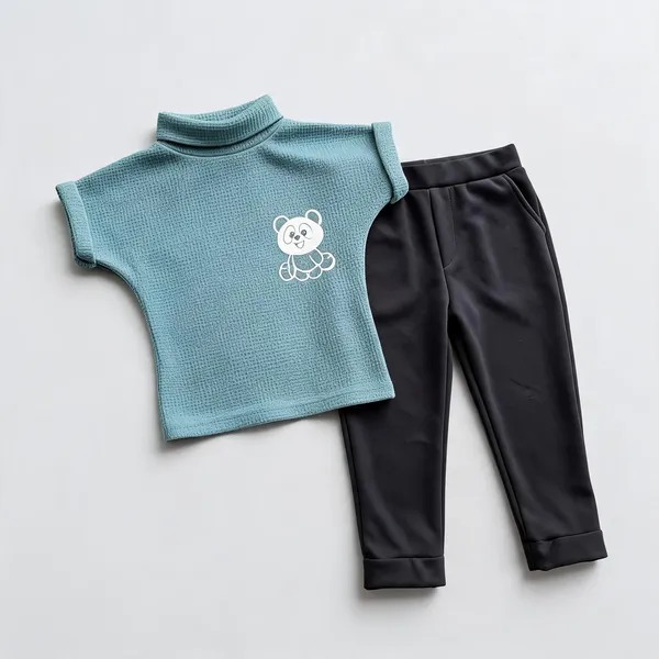 Teal_And_Black_Cotton_Ribbed_Panda_Print_Top_And_Trouser_Set_For_Girls