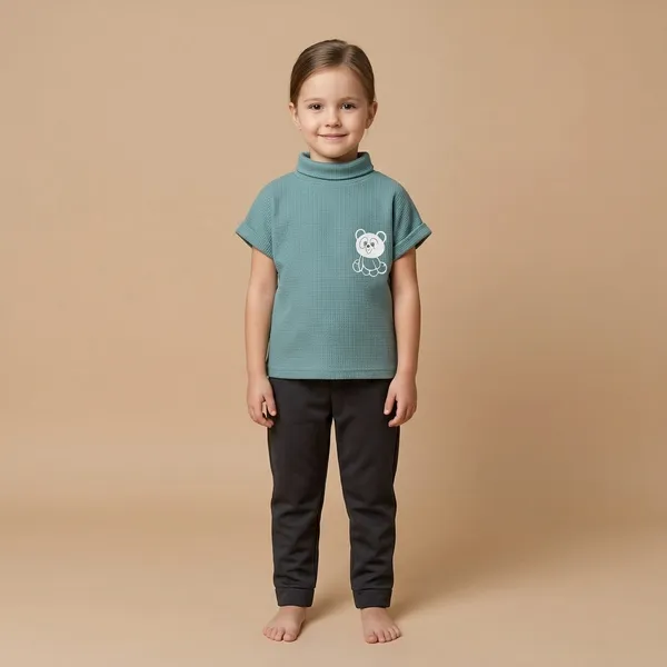 Teal_And_Black_Cotton_Ribbed_Panda_Print_Top_And_Trouser_Set_For_Girls