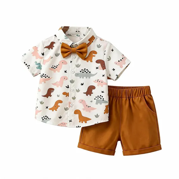 White_And_Brown_Cotton_Dinosaur_Print_Top_And_Shorts_Set_For_Boys