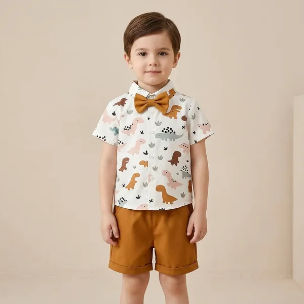 White_And_Brown_Cotton_Dinosaur_Print_Top_And_Shorts_Set_For_Boys
