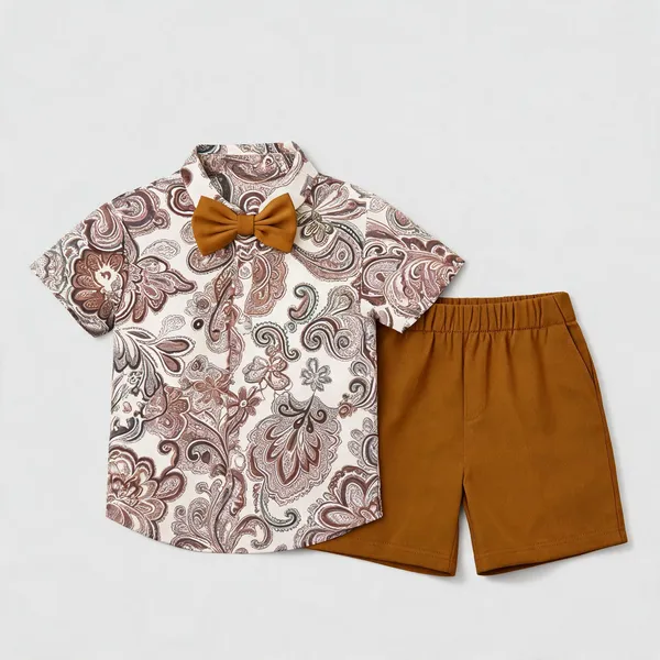 Cream_And_Brown_Cotton_Paisley_Print_Shirt_And_Shorts_Set_For_Boys