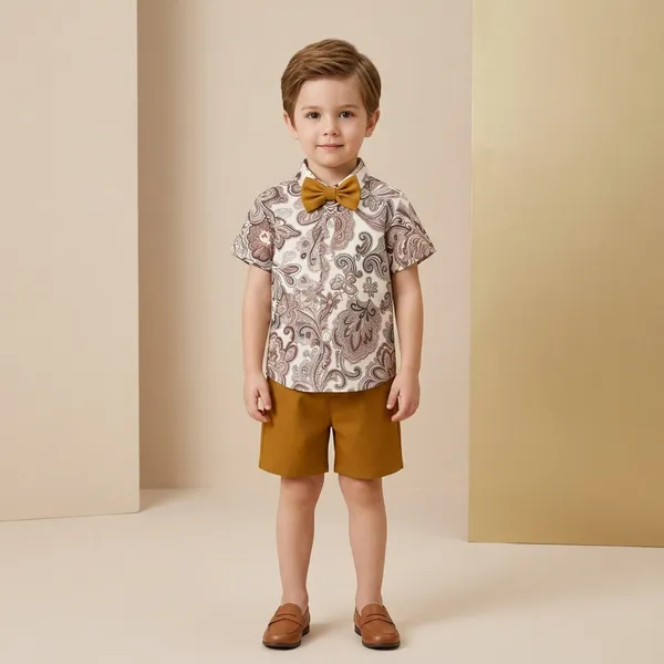 Cream_And_Brown_Cotton_Paisley_Print_Shirt_And_Shorts_Set_For_Boys