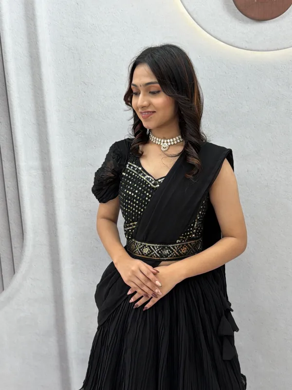 Black_Embellished_Draped_Lehenga_Choli_Set_With_Dupatta