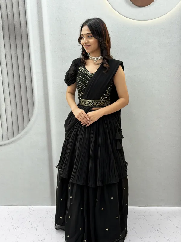 Black_Embellished_Draped_Lehenga_Choli_Set_With_Dupatta