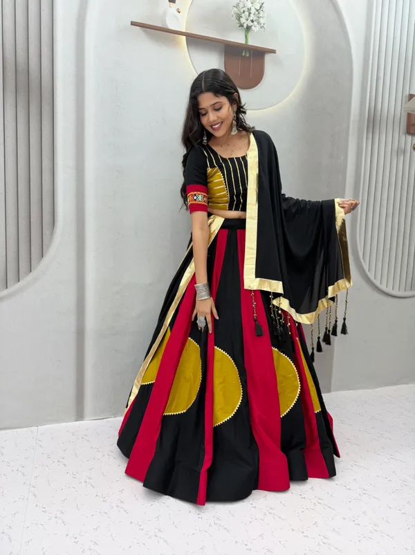 Black,_Red_&_Mustard_Designer_Lehenga_Choli_with_Gold_Border_&_Dupatta