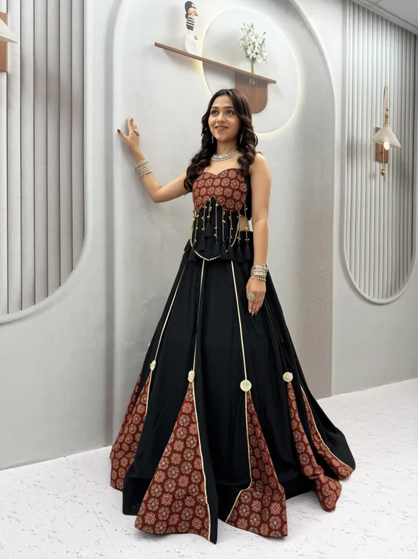 Black_&_Maroon_Printed_Designer_Lehenga_Choli_with_Tassel_Detailing