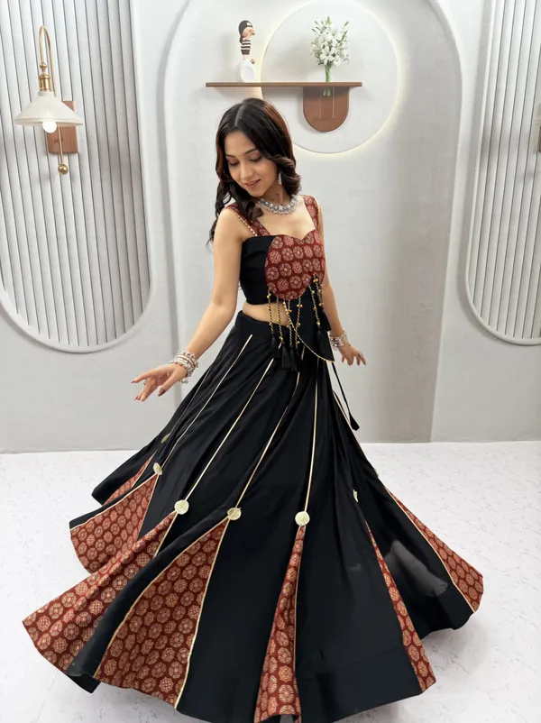 Black_&_Maroon_Printed_Designer_Lehenga_Choli_with_Tassel_Detailing