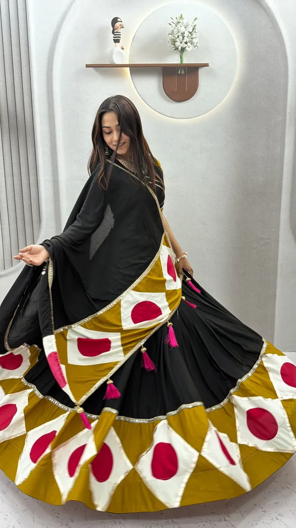 Black_&_Mustard_Pre-Draped__Lehenga_Dupatta_Set_with_Designer_Blouse