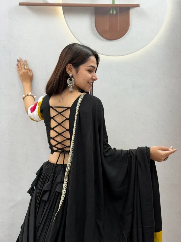 Black_&_Mustard_Pre-Draped__Lehenga_Dupatta_Set_with_Designer_Blouse