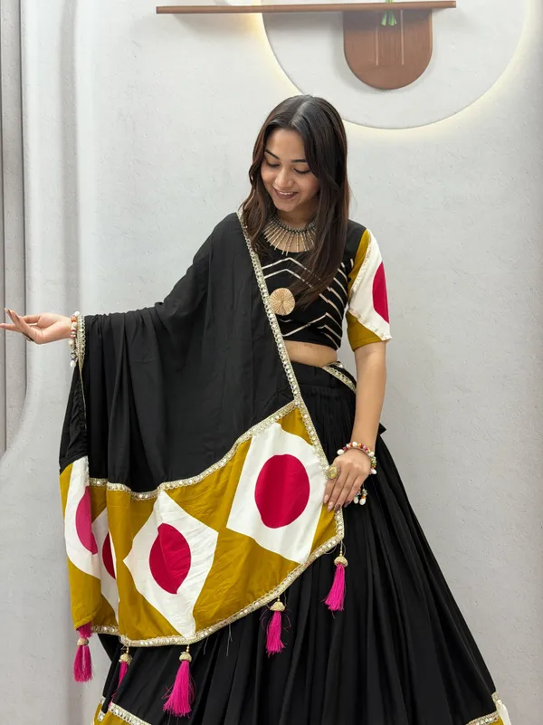 Black_&_Mustard_Pre-Draped__Lehenga_Dupatta_Set_with_Designer_Blouse