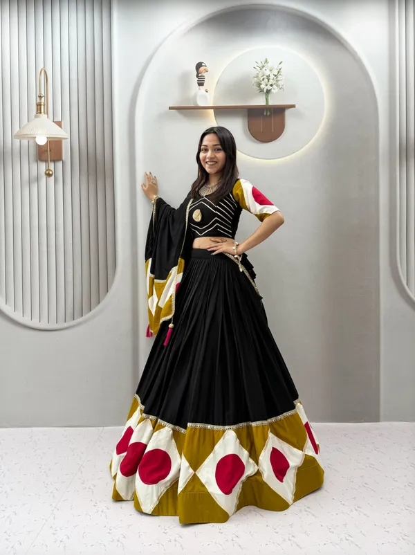 Black_&_Mustard_Pre-Draped__Lehenga_Dupatta_Set_with_Designer_Blouse