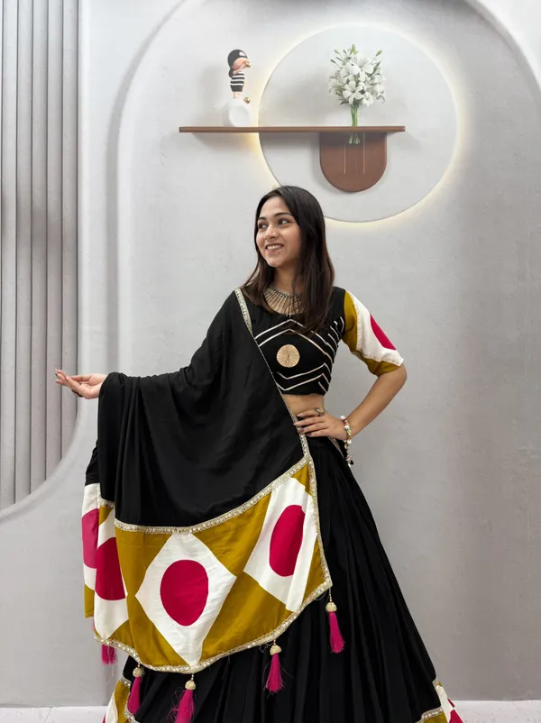 Black_&_Mustard_Pre-Draped__Lehenga_Dupatta_Set_with_Designer_Blouse