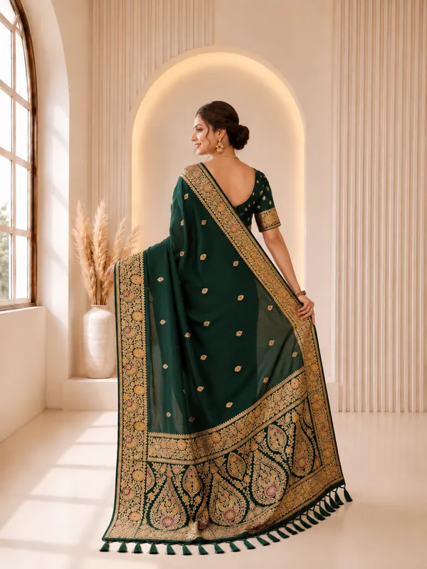 Bottle_Green_Banarasi_Silk_Saree_with_Intricate_Gold_Zari_&_Floral_Border